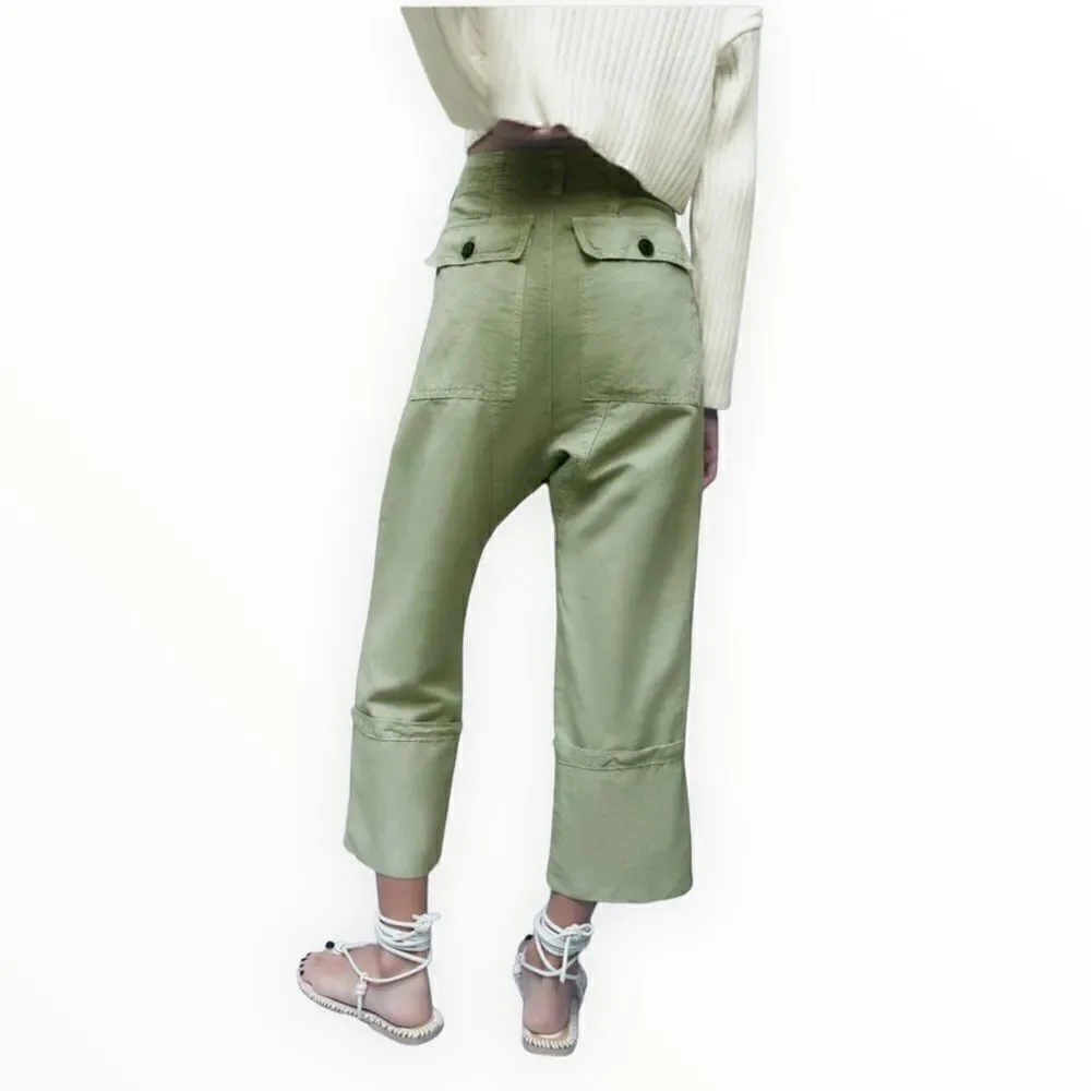 ZARA | Sea Green | LINEN BLEND TURNED UP CUFF PANTS